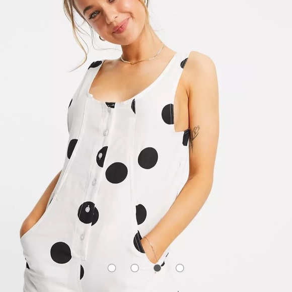 ASOS DESIGN BUTTON FRONT LINEN MINIMALIST THROW ON JUMPSUIT IN MONO DOT … - Picture 11 of 11